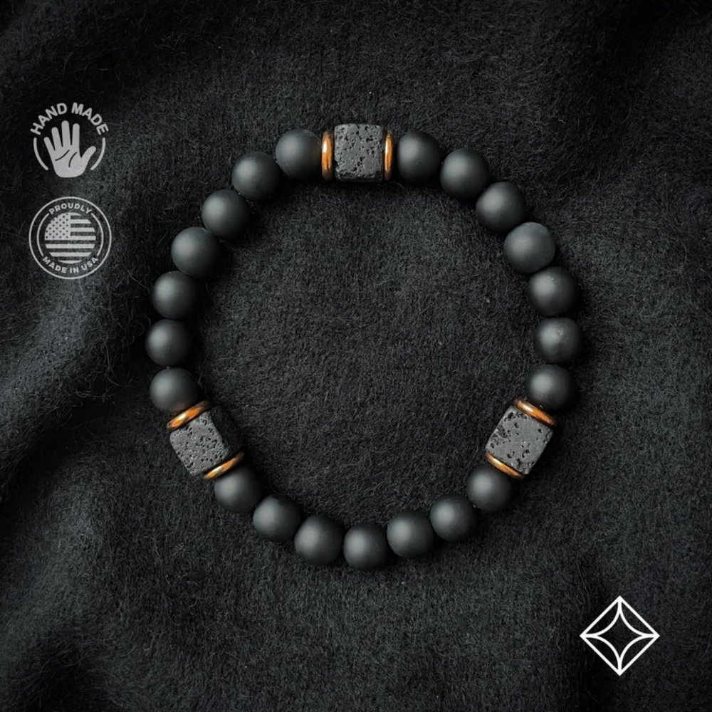 Matte Black Onyx with Cube Lava Balance Bracelet, Mens Bracelet, Womens Bracelet